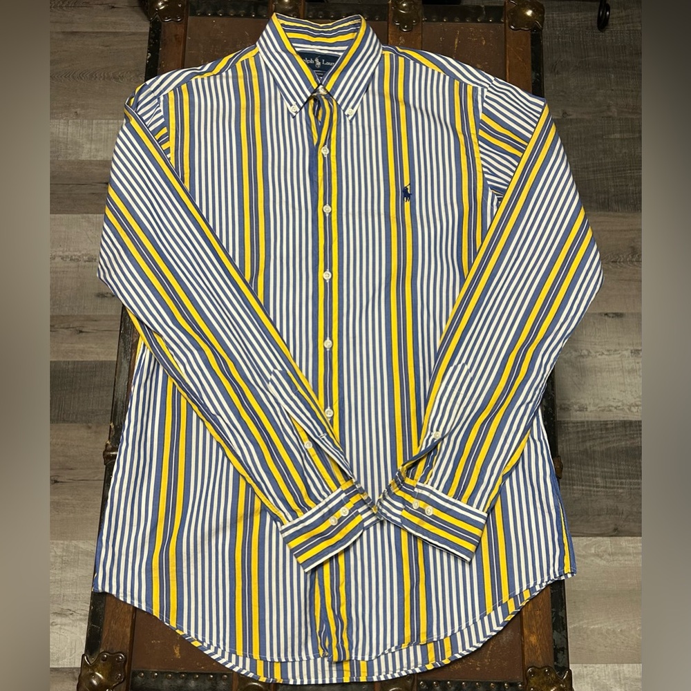 Ralph Lauren blue, white, yellow Custom Fit men’s button down shirt size M - Picture 2 of 4